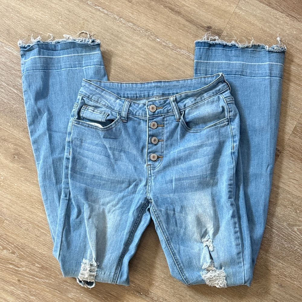 Bohemian Distressed button Blue Denim hippie Jeans